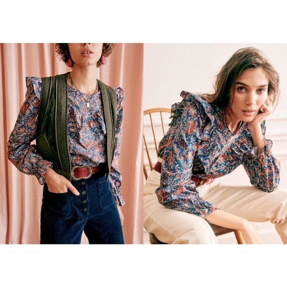 💕SEZANE💕 West Shirt Ranch Marine Multi-Color Paisley Floral Print FR 38 = US 6 - Picture 3 of 16